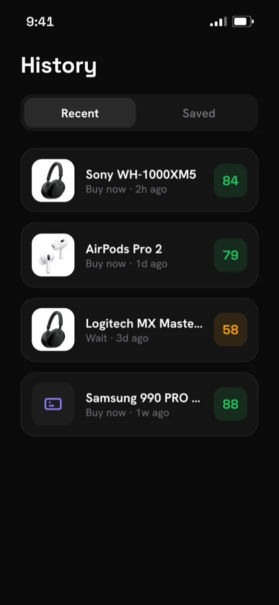 WorthIt history screen listing past verdicts: Sony WH-1000XM5 Buy now scored 84, AirPods Pro 2 Buy now scored 79, Logitech MX Master Wait scored 58 in amber, and a Samsung 990 PRO Buy now scored 88.